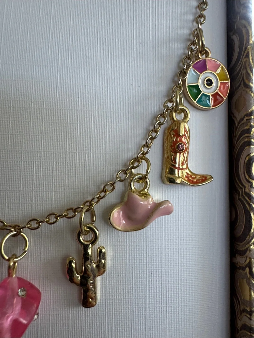 Gold-Tone Western Charm Necklace with Pink & Multicolor Accents